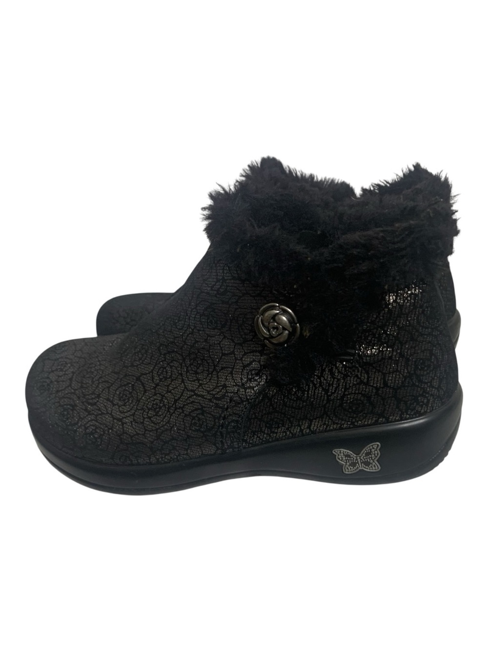 Alegria Meri Black Florette Roses Leather Ankle Boots Faux Fur Trim 36W/5.5-6W
